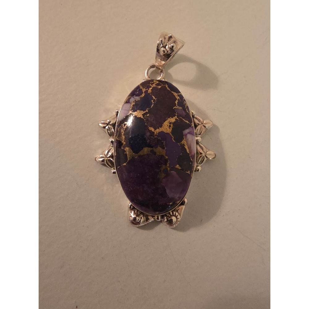 925 Sterling Silver Purple Copper Turquoise Oval Pendant Handcrafted Jewelry